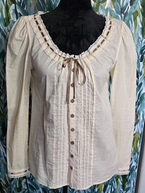 Peruvian Connection Cream Button-Front Lace Trim Blouse